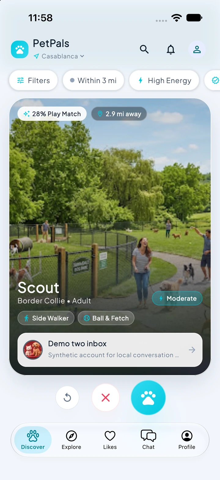 PetPals Discover screen with a pet profile, play preferences, and distance filters