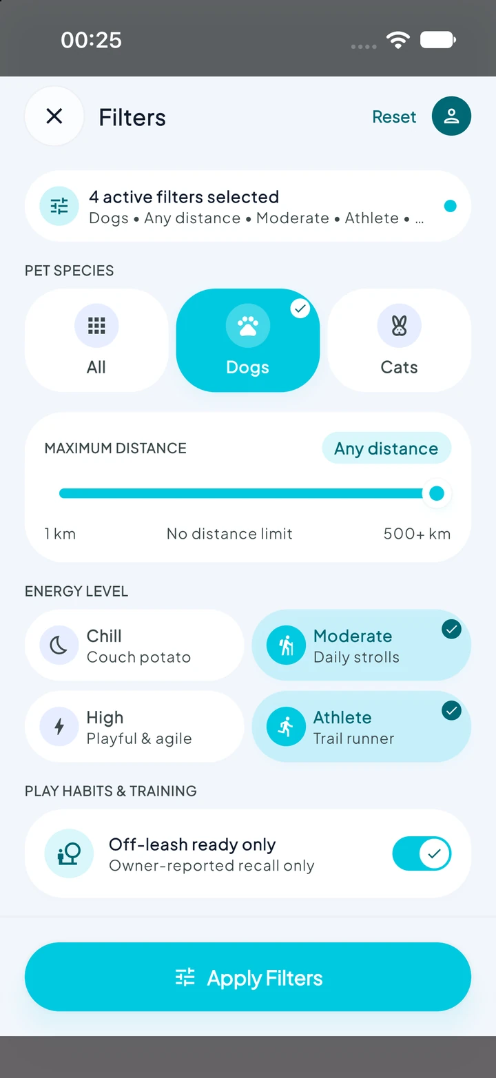 PetPals Filters screen with species, distance, energy level, and play preferences