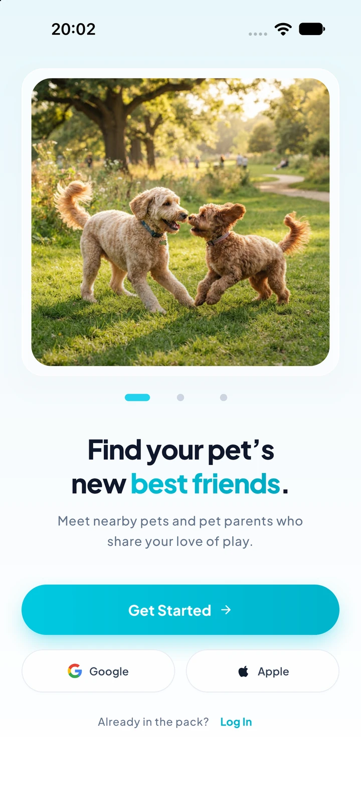 PetPals welcome screen showing two dogs playing and the message Find your pet’s new best friends